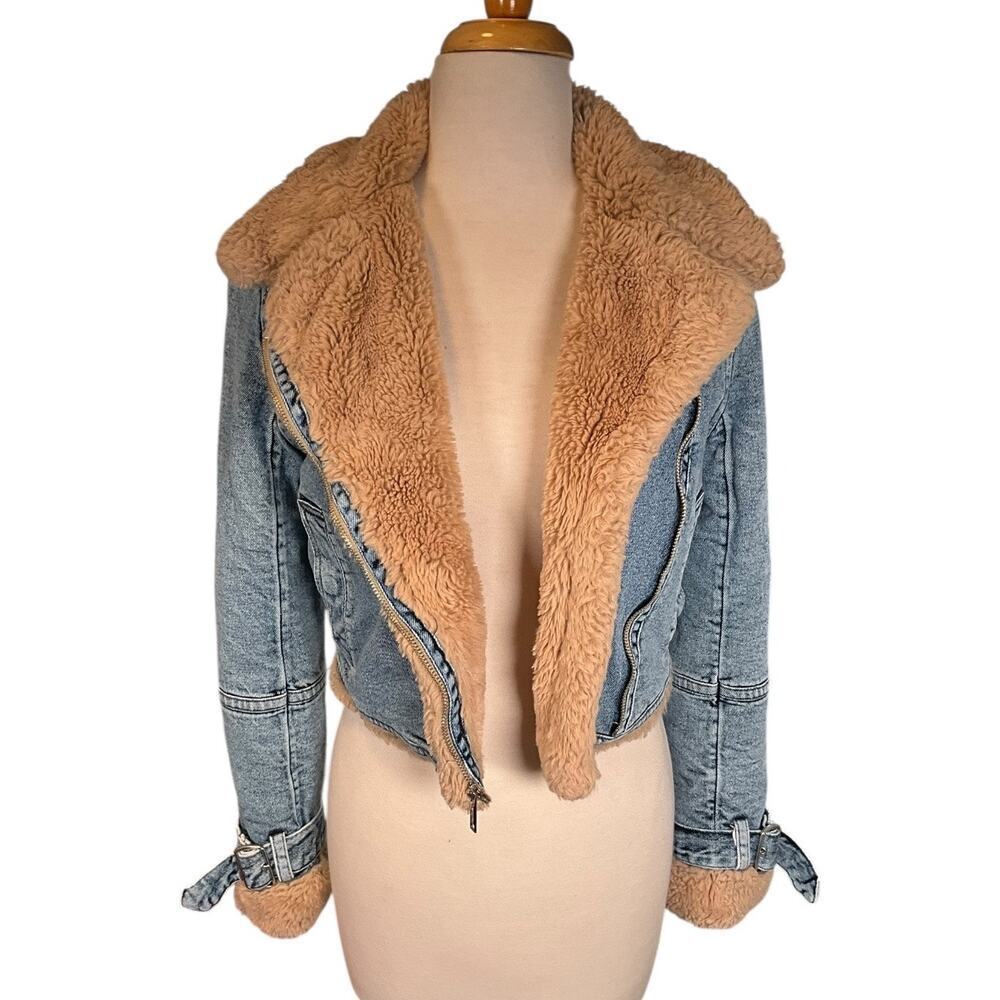 Hollister Faux Fur Lined Denim Jacket Women’s XS Y2K Cropped Tan Sherpa Collar